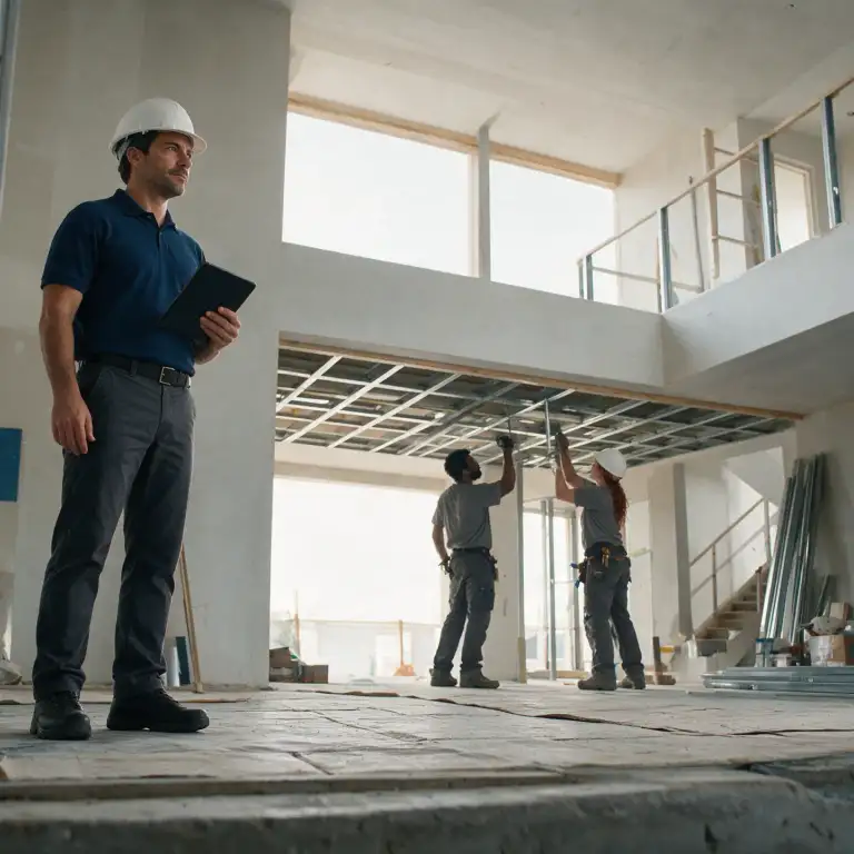Casa contemporânea em construção, com fachada parcialmente concluída, e um profissional acompanhando os trabalhos