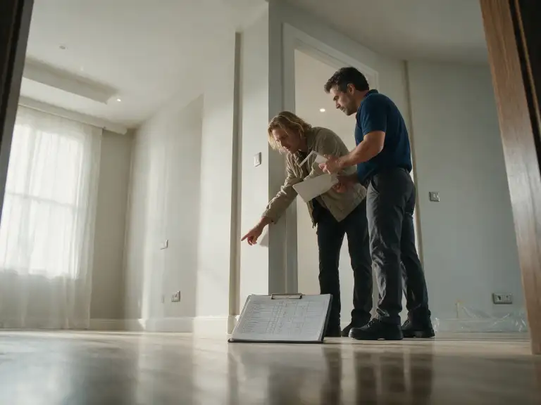 Cliente e representante percorrem o ambiente concluído com checklist de pendências em mãos
